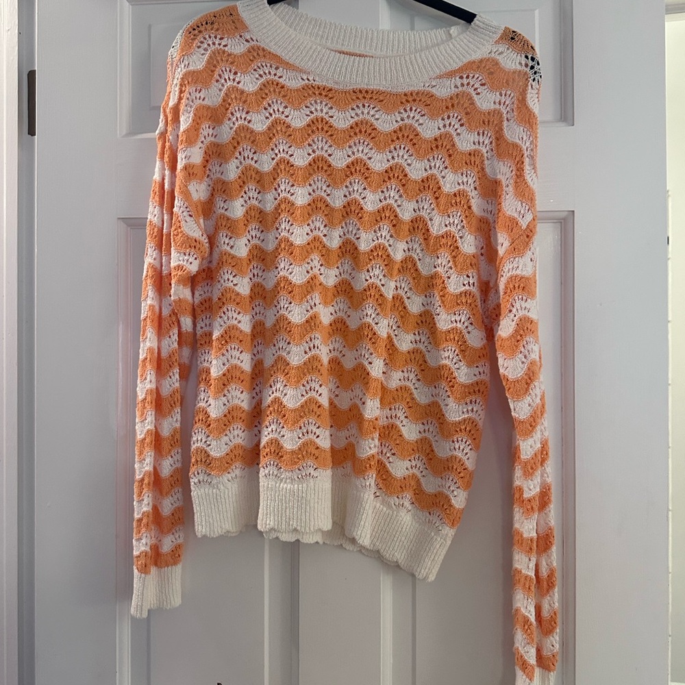 LOFT Orange and White Open-Knit Scoop Neck Sweater